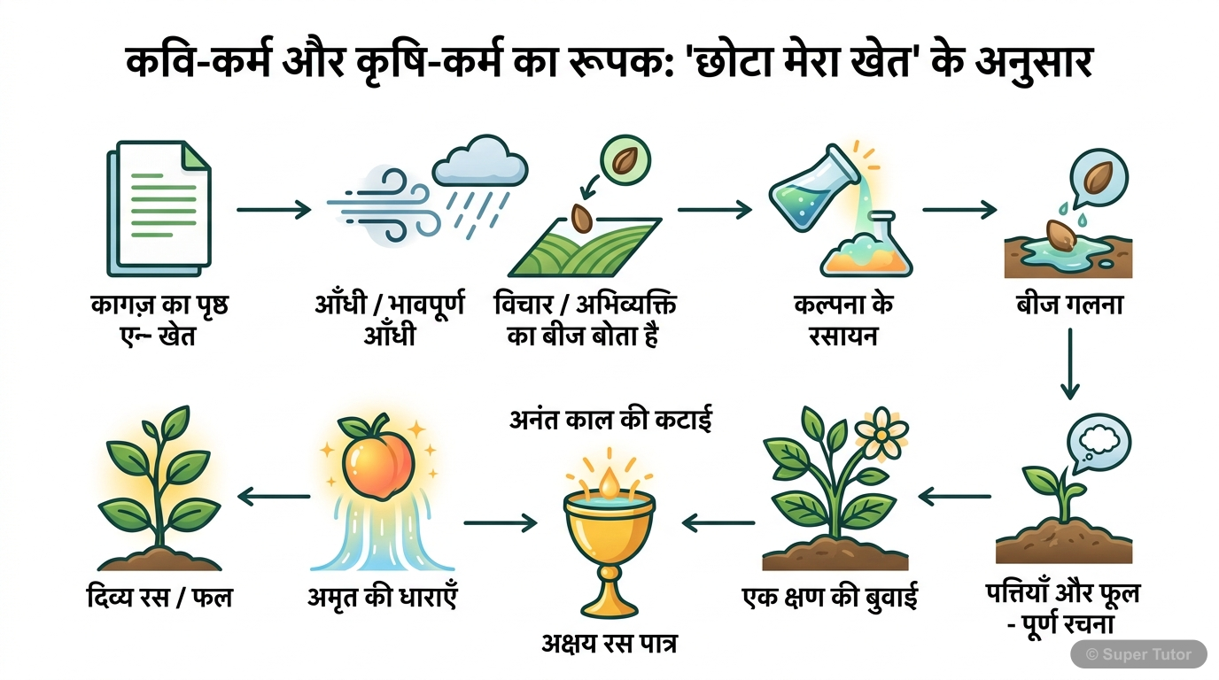 यह इमेज 'छोटा मेरा खेत' कविता में कवि-कर्म (लेखन प्रक्रिया) और कृषि-कर्म के बीच समानता को एक फ्लोचार्ट के माध्यम से दर्शाती है। इसमें कागज के पन्ने को खेत, भावनात्मक आंधी को बीज बोने वाला, कल्पना को र