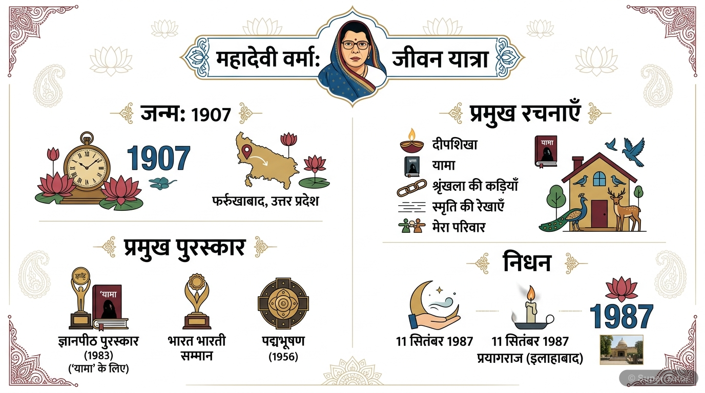 महादेवी वर्मा के जन्म, प्रमुख रचनाएँ (काव्य-संग्रह, निबंध-संग्रह, संस्मरण/रेखाचित्र), प्रमुख पुरस्कार (ज्ञानपीठ, भारत भारती, पद्मभूषण), और निधन को दर्शाने वाला एक सूचनात्मक ग्राफिक।