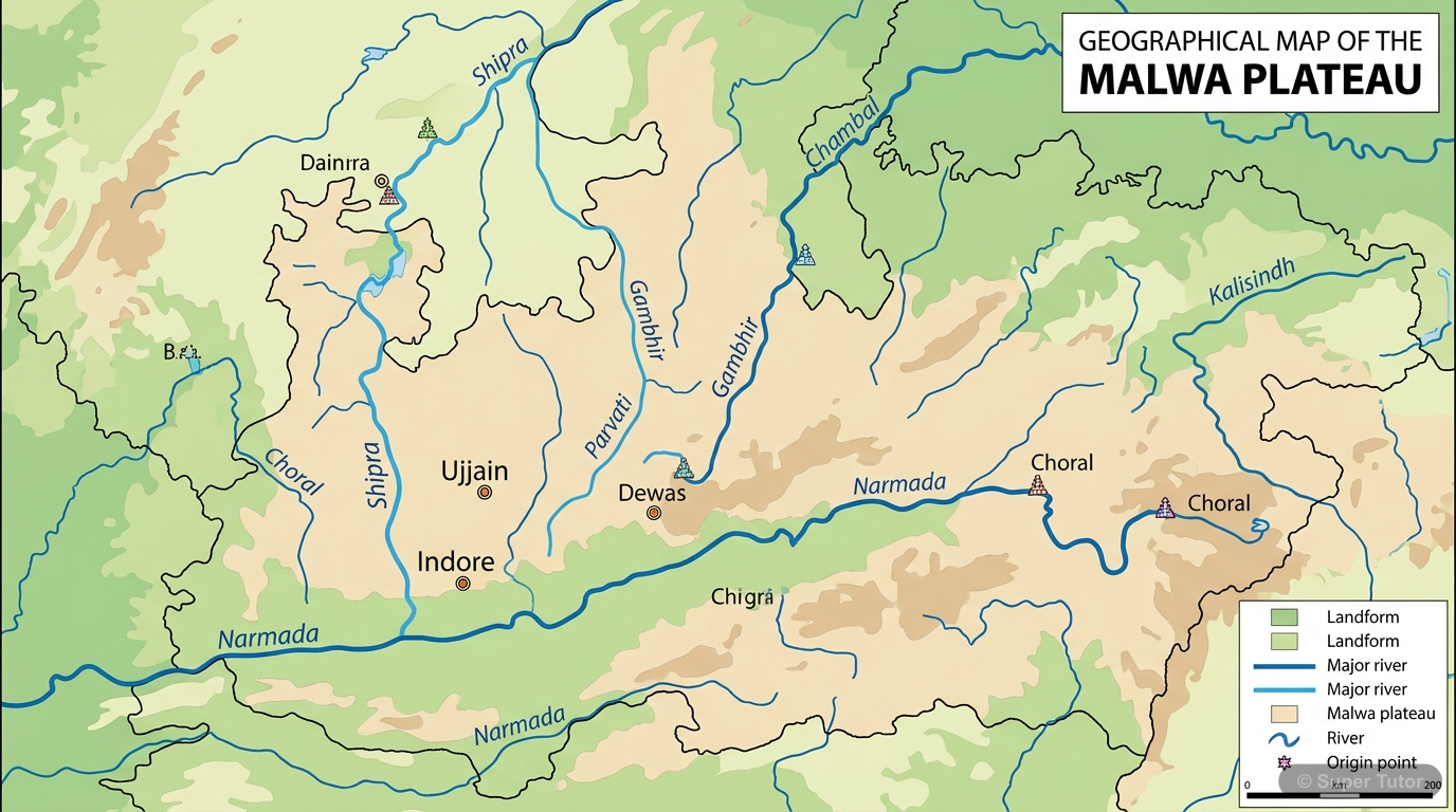 मालवा की नदियाँ और भौगोलिक स्थिति मालवा पठार की प्रमुख नदियों (शिप्रा, चंबल, गंभीर, पार्वती, कालीसिंध, चोरल, नर्मदा) और उनकी सहायक नदियों को दर्शाने वाला एक भौगोलिक मानचित्र, जिसमें उनके उद्गम स्थल और बहाव मार्ग स्पष्ट रूप से चिह्नित