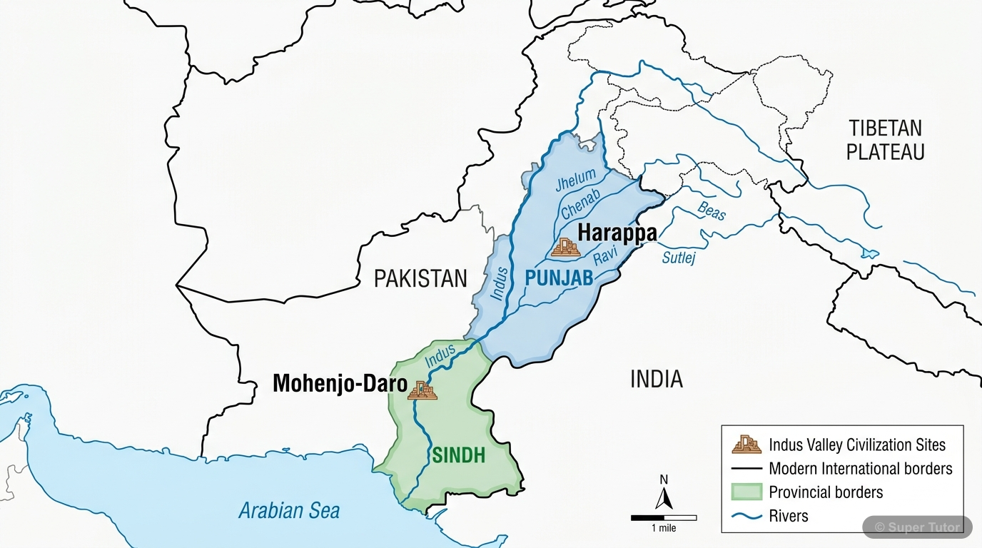 सिंधु घाटी सभ्यता के प्रमुख शहर मुअनजो-दड़ो और हड़प्पा के भौगोलिक स्थानों को दर्शाने वाला एक मानचित्र, जिसमें वर्तमान पाकिस्तान के सिंध और पंजाब प्रांतों को उजागर किया गया है।