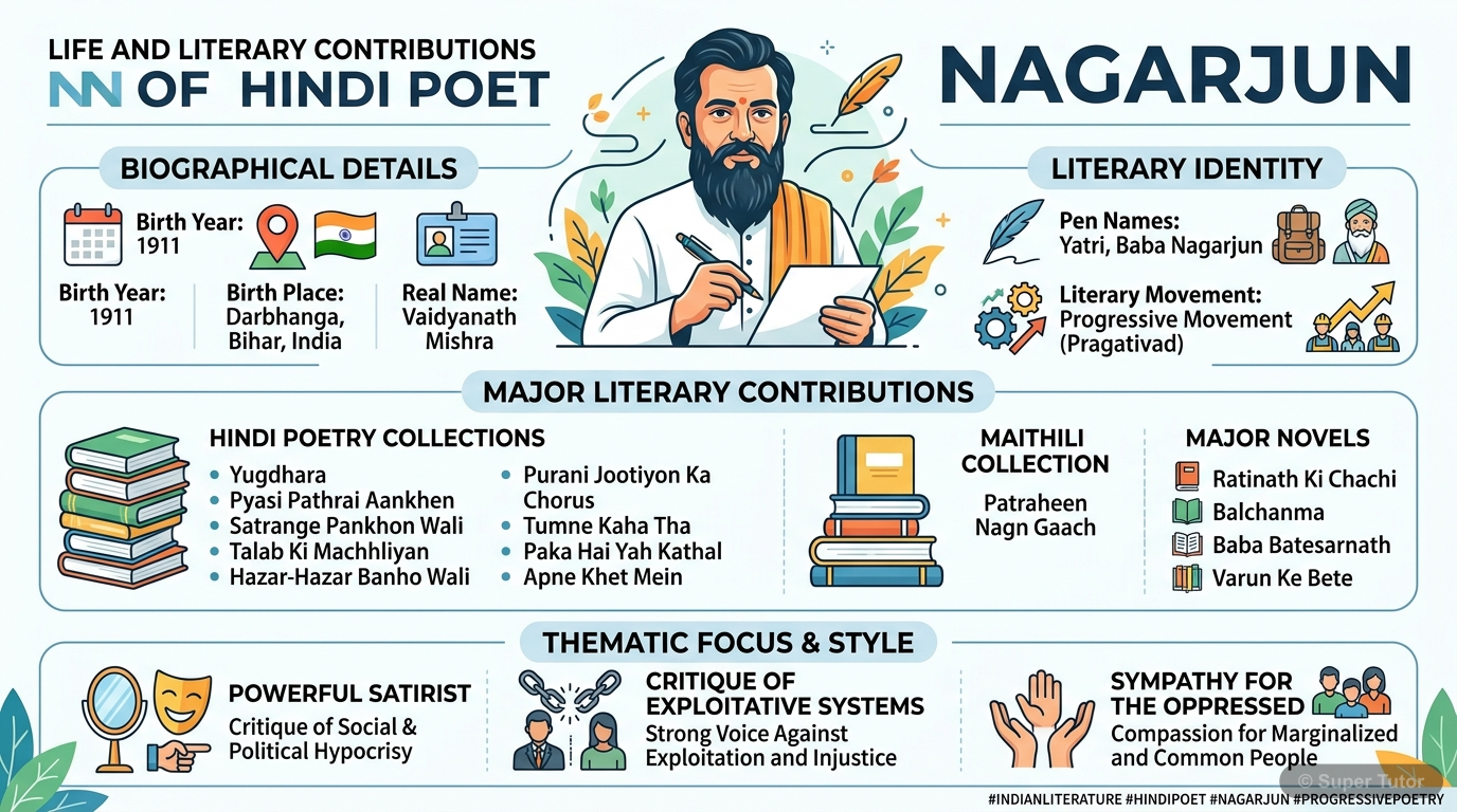 नागार्जुन के जीवन, जन्म स्थान, असली नाम, उपनाम, साहित्यिक धारा, प्रमुख काव्य-संग्रह (हिंदी और मैथिली), उपन्यास और उनकी भाषा शैली को दर्शाने वाला एक इन्फोग्राफिक।