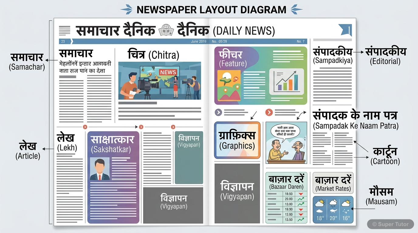 A labeled diagram illustrating the various essential components of a newspaper, such as news, editorial, photo, feature, article, cartoon, graphics, and advertisement.