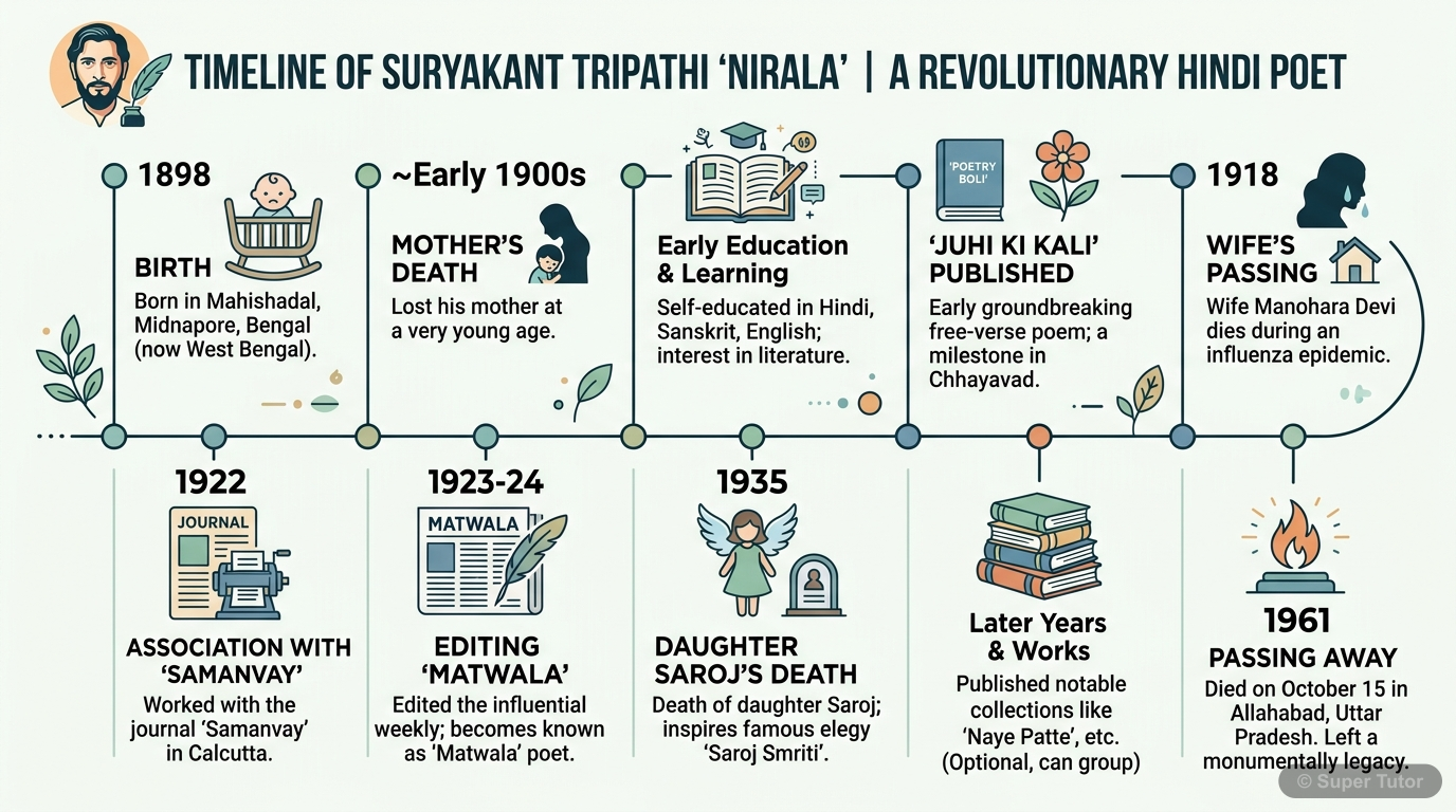 सूर्यकांत त्रिपाठी 'निराला' के जीवन की प्रमुख घटनाओं, जन्म, शिक्षा, पारिवारिक त्रासदी, साहित्यिक कार्य और निधन को दर्शाने वाली एक समयरेखा।