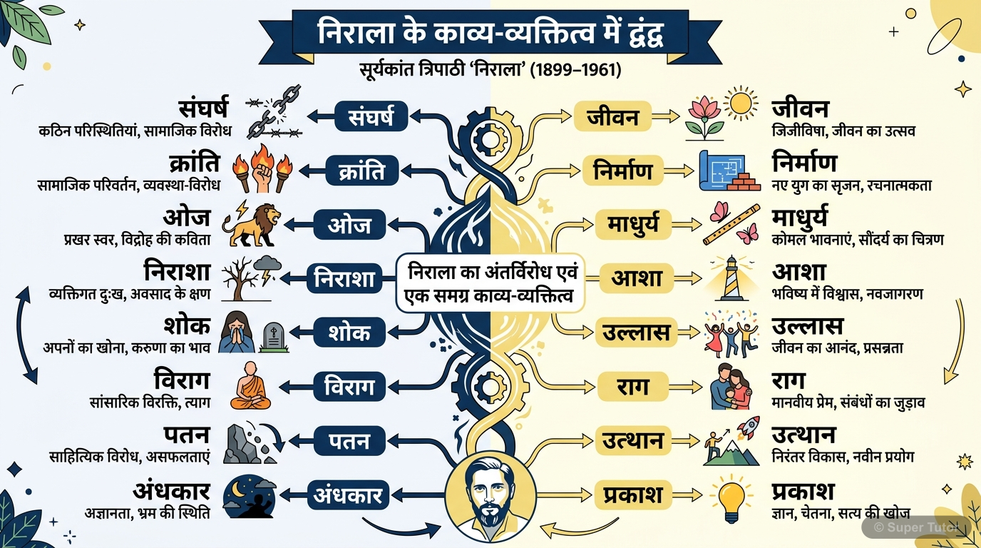 यह इन्फोग्राफिक सूर्यकांत त्रिपाठी 'निराला' के काव्य व्यक्तित्व के द्वंद्व को दर्शाता है, जिसमें संघर्ष और जीवन, क्रांति और निर्माण, ओज और माधुर्य, आशा और निराशा, उल्लास-शोक, राग-विराग, उत्थान-पतन, अं