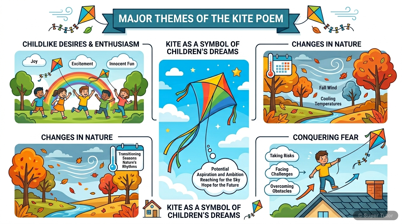 पतंग कविता के प्रमुख विषय An infographic illustrating the main themes and imagery used in Alok Dhanwa's poem 'Patang', such as childlike desires, nature's changes, and the symbolism of kites.