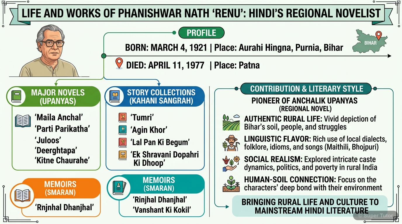 फणीश्वर नाथ रेणु के जीवन, जन्म, निधन, प्रमुख रचनाओं (उपन्यास, कहानी-संग्रह, संस्मरण, रिपोर्टाज) और उनके साहित्यिक योगदान को दर्शाने वाला एक इन्फोग्राफिक।