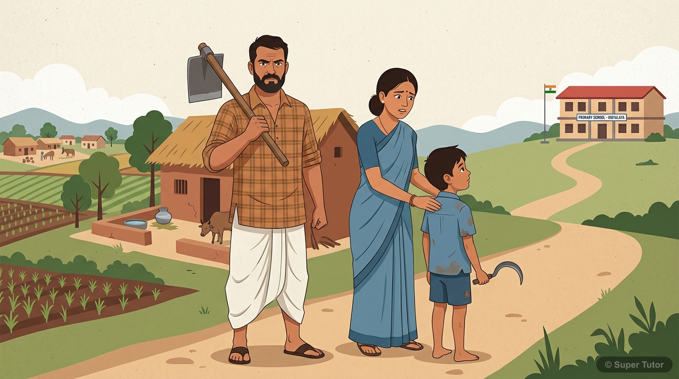 Rural Indian Family Dynamics An illustration depicting the power dynamics within a traditional rural Indian family, specifically showing the father (दादा) as dominant, the mother as submissive but supportive of her child's educat