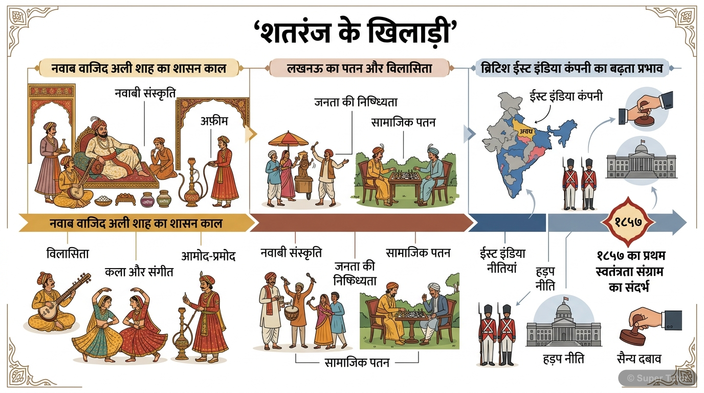 एक इन्फोग्राफिक जो 'शतरंज के खिलाड़ी' कहानी के ऐतिहासिक संदर्भ को दर्शाता है, जिसमें वाजिद अली शाह का शासनकाल, लखनऊ की विलासिता, और 1857 के आसपास की राजनीतिक स्थिति शामिल है, साथ ही ब्रिटिश ईस्ट इंडिय
