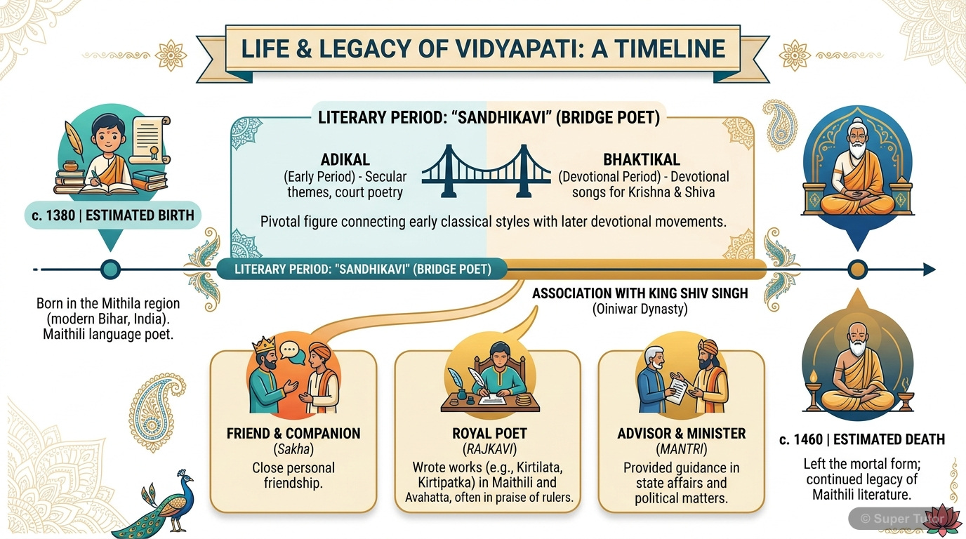 विद्यापति के जन्म, मृत्यु, आश्रयदाता राजा शिवसिंह के साथ संबंध, और उनके साहित्यिक काल को दर्शाने वाली एक समयरेखा।