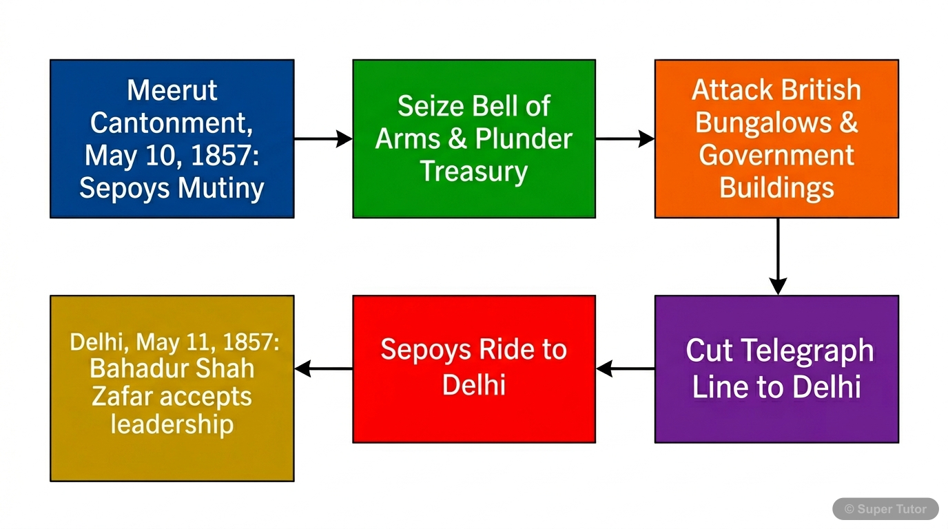 A flowchart illustrating the sequence of events from the sepoy mutiny in Meerut on May 10, 1857, to their arrival and takeover of Delhi on May 11, including key actions like seizing arms, attacking Br