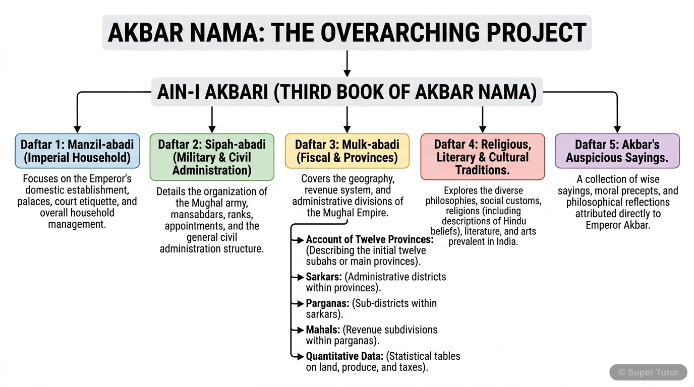 Structure of Ain-i Akbari A diagram illustrating the five books (daftars) of the Ain-i Akbari and their respective contents, highlighting its comprehensive nature as a compendium of imperial regulations and gazetteer.