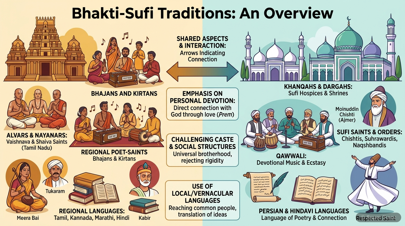 Bhakti-Sufi Traditions: An Overview An infographic illustrating the key characteristics, origins, and spread of Bhakti and Sufi traditions in India, highlighting their shared emphasis on devotion, use of regional languages, and challeng