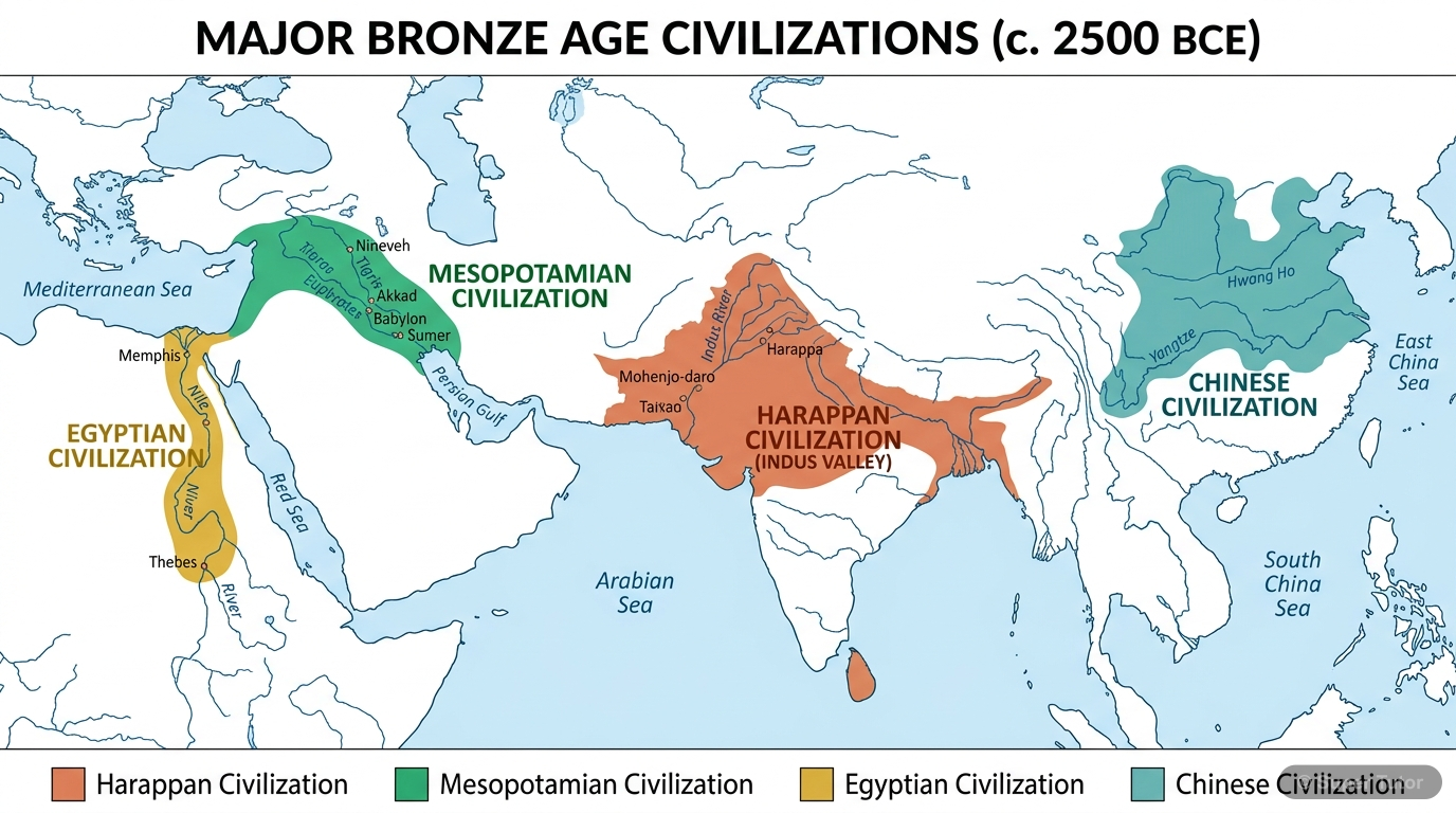 A map showing the geographical locations of the four major Bronze Age Civilizations: Harappan, Mesopotamian, Chinese, and Egyptian, around 2500 BCE.