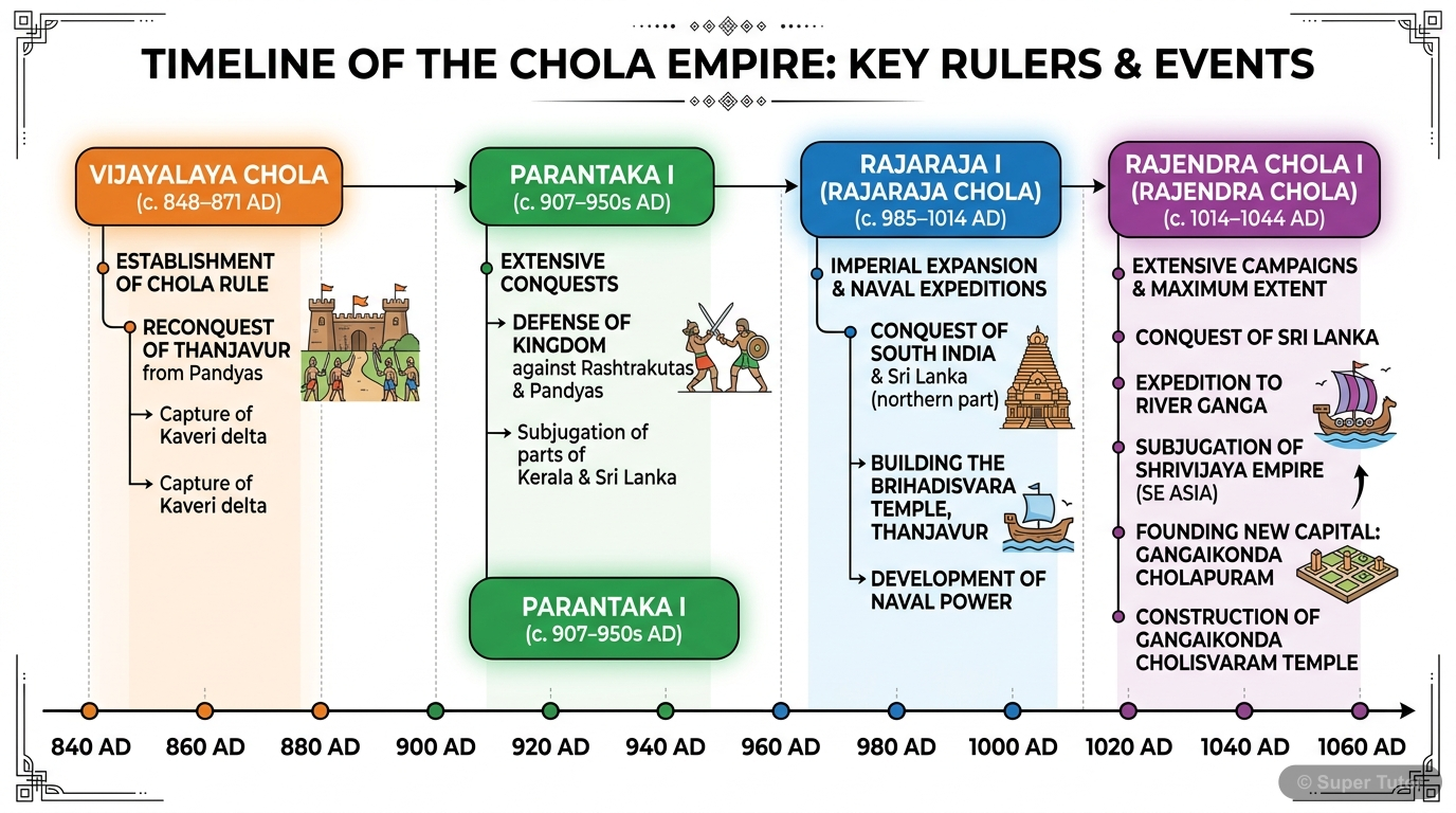 Chola Empire Timeline: Key Rulers and Events A timeline illustrating the major rulers and significant events of the Chola Empire, from its establishment to its peak under Rajaraja I and Rajendra Chola.