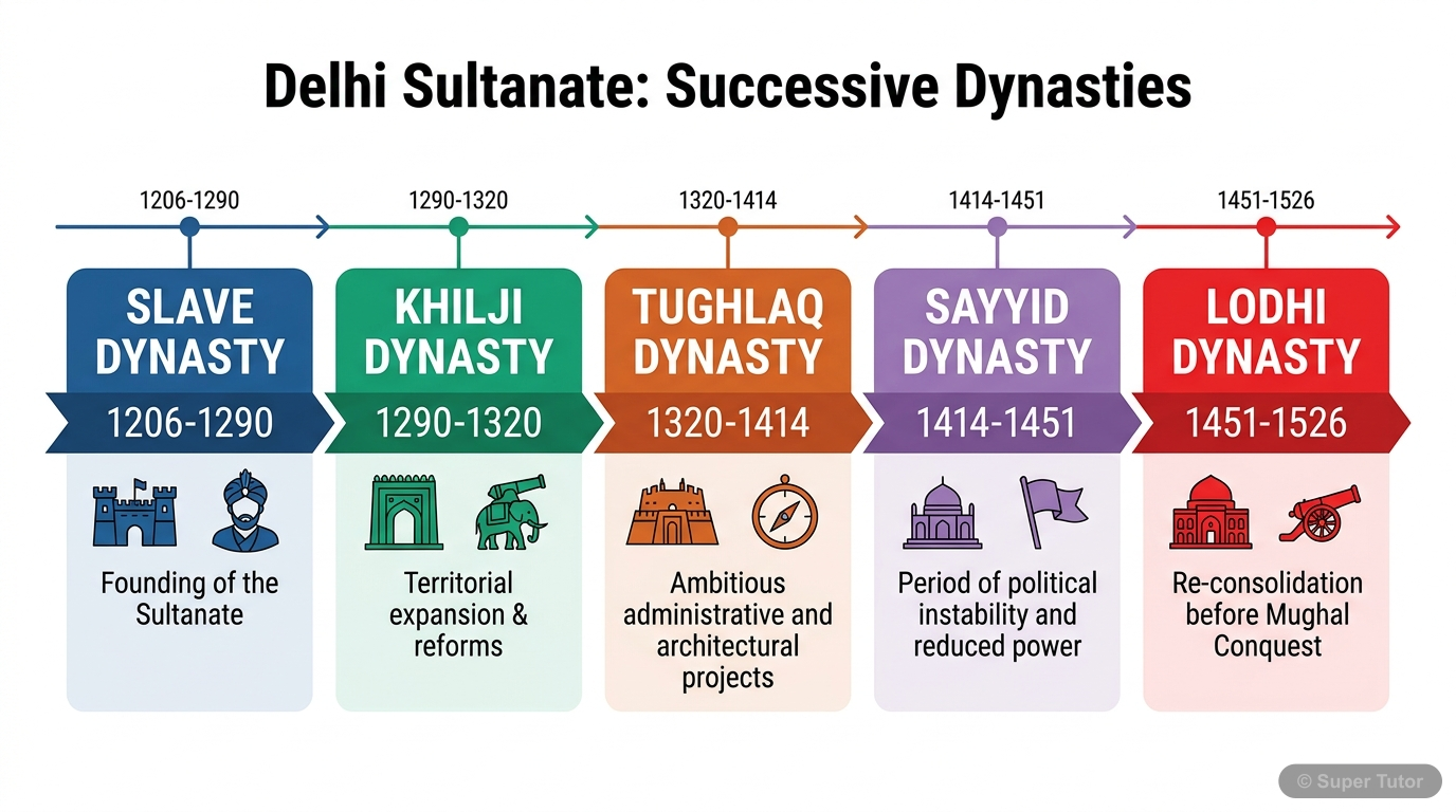 A timeline showing the five successive dynasties of the Delhi Sultanate (Slave, Khilji, Tughlaq, Sayyid, Lodhi) with their respective ruling periods.
