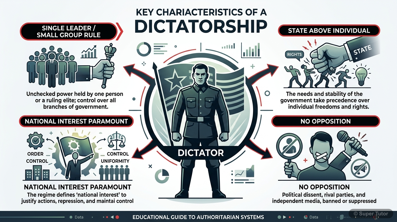 Characteristics of Dictatorship An infographic illustrating the key characteristics of dictatorial governments, such as single-person/group rule, suppression of individual interests for state interests, and the motto 'Everything for