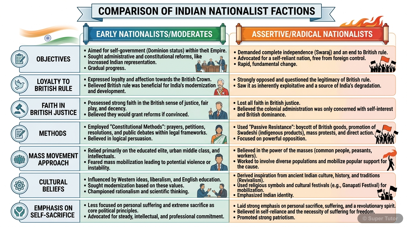 A comparison chart highlighting the key differences in objectives, methods, loyalty, and approach to mass mobilization between Early Nationalists (Moderates) and Assertive/Radical Nationalists in the 