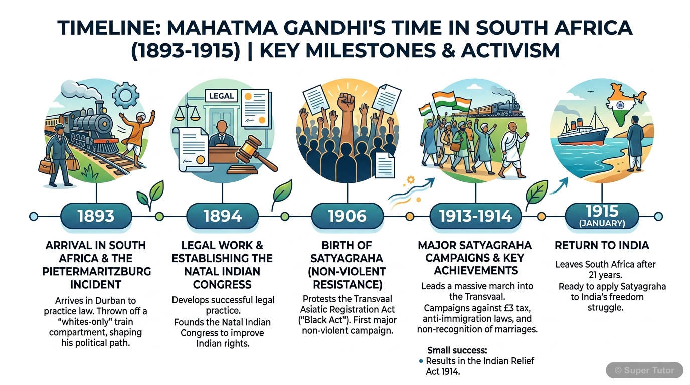 Mahatma Gandhi's Early Life and Activism in South Africa A timeline illustrating key events in Mahatma Gandhi's life in South Africa, including his arrival, legal career, development of Satyagraha, and advocacy for Indian rights, before his return to India.