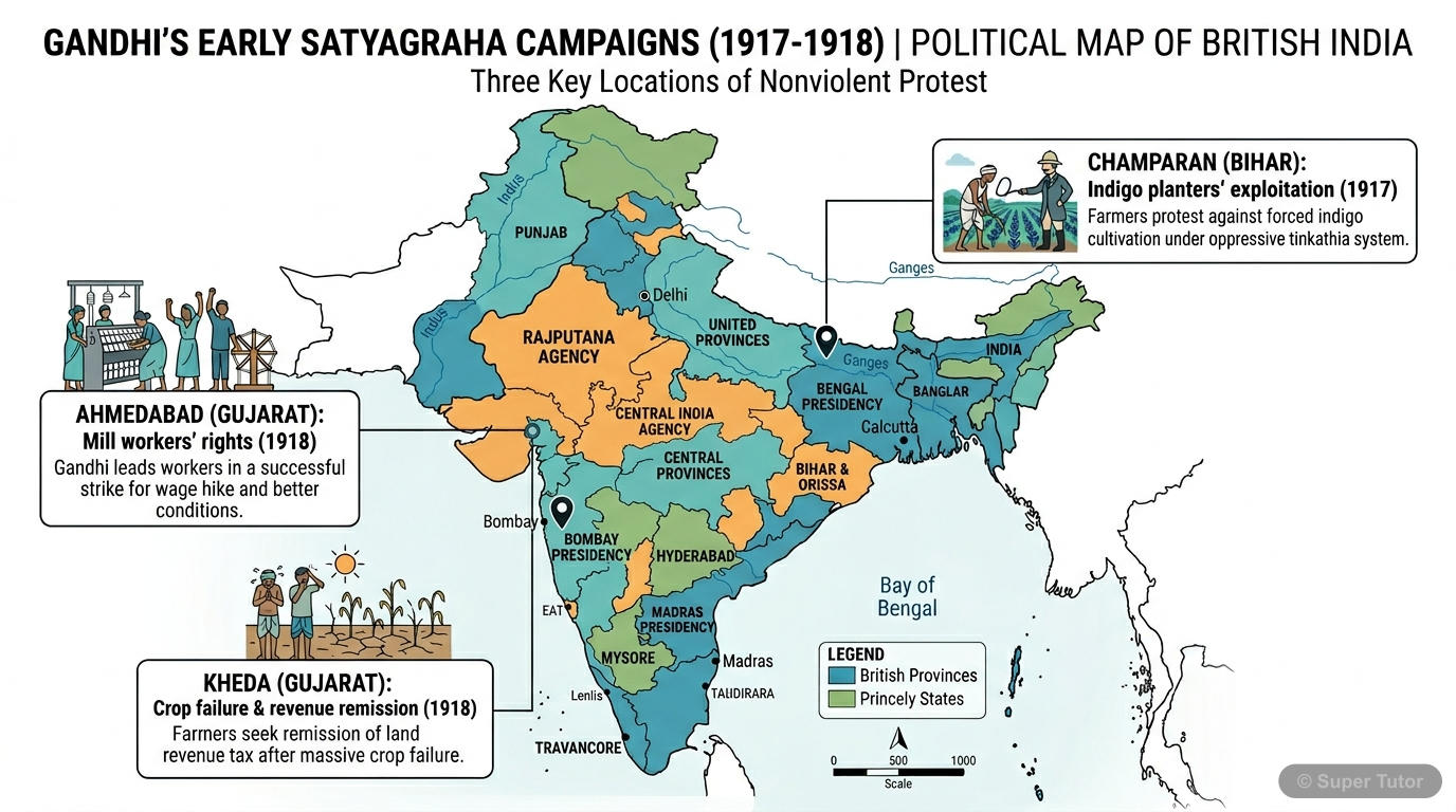 Map of Gandhi's Early Satyagrahas (1917-1918) A map of India highlighting the locations of Mahatma Gandhi's initial localized satyagraha movements in Champaran, Ahmedabad, and Kheda, with brief descriptions of each.