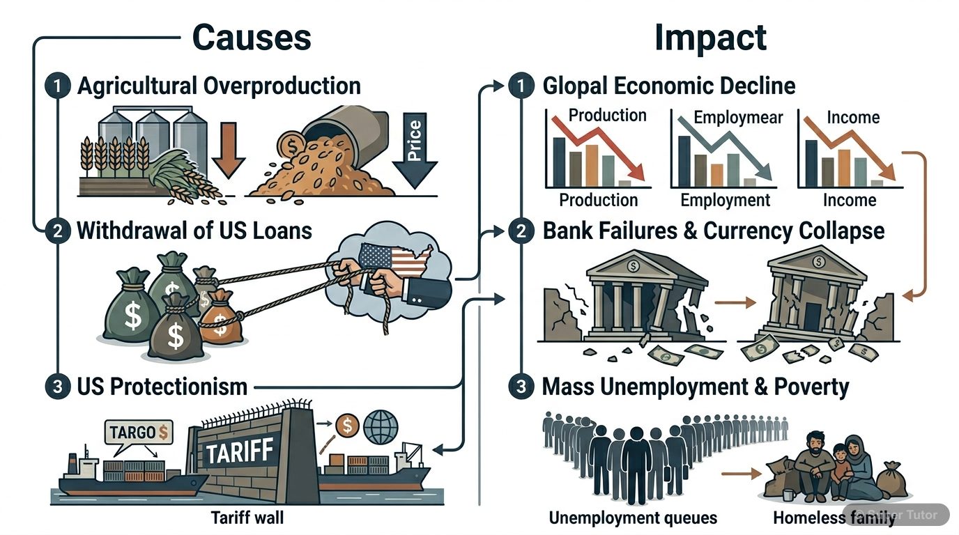 An infographic detailing the combination of factors that caused the Great Depression (1929-1930s) and its catastrophic impact on production, employment, incomes, and trade worldwide, with a focus on a