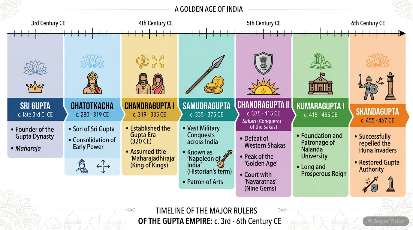 Gupta Empire Timeline A timeline showing the key rulers and significant events of the Gupta Empire, from its origin to its major achievements and decline, highlighting the reigns of Chandragupta I, Samudragupta, and Chandr