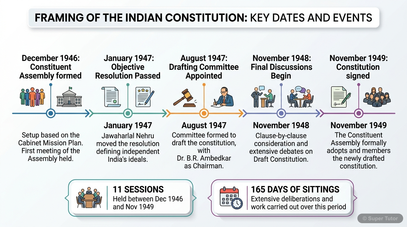 A timeline illustrating the key events and sessions involved in the framing of the Indian Constitution, from the Constituent Assembly's inception to its final signing.