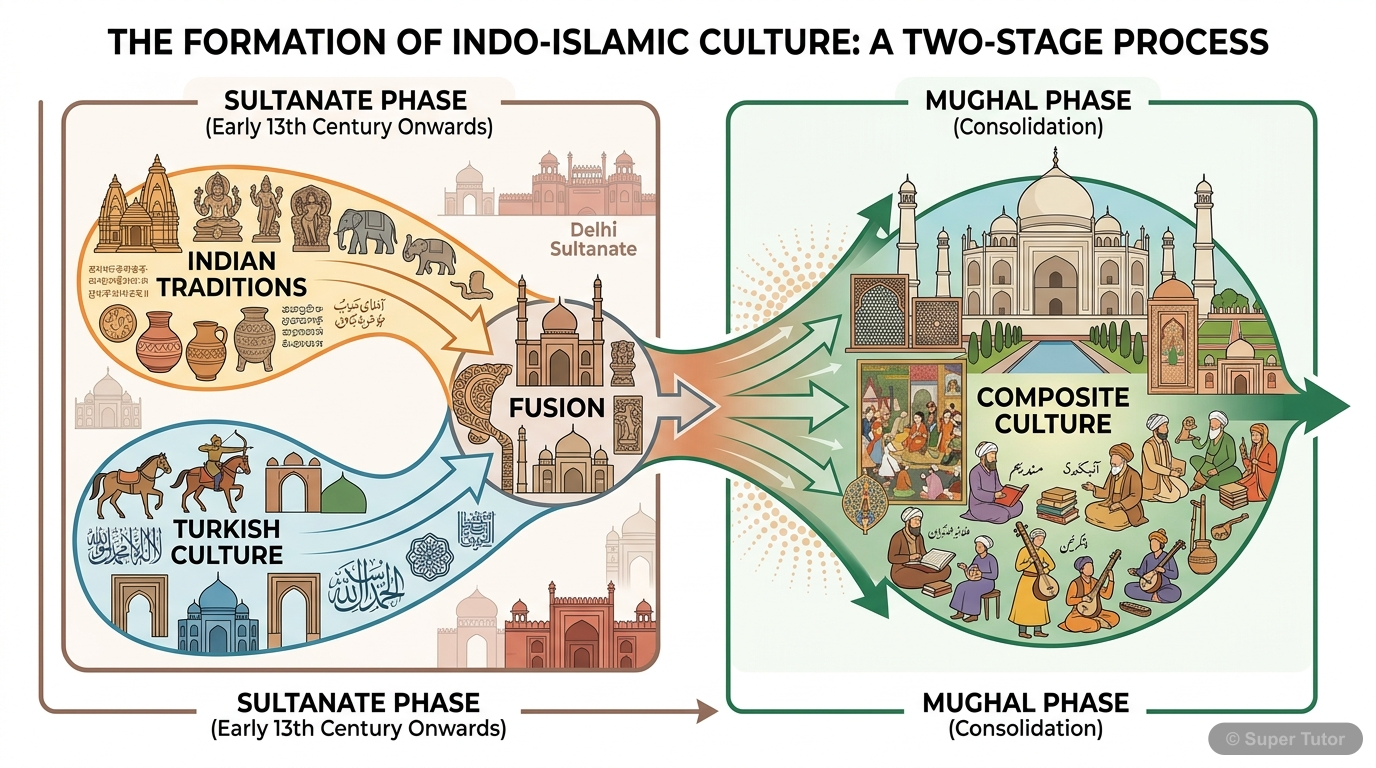 An infographic illustrating the two distinct phases (Sultanate and Mughal) of the growth of Indo-Islamic composite culture, highlighting key characteristics and the transition from fusion to consolida