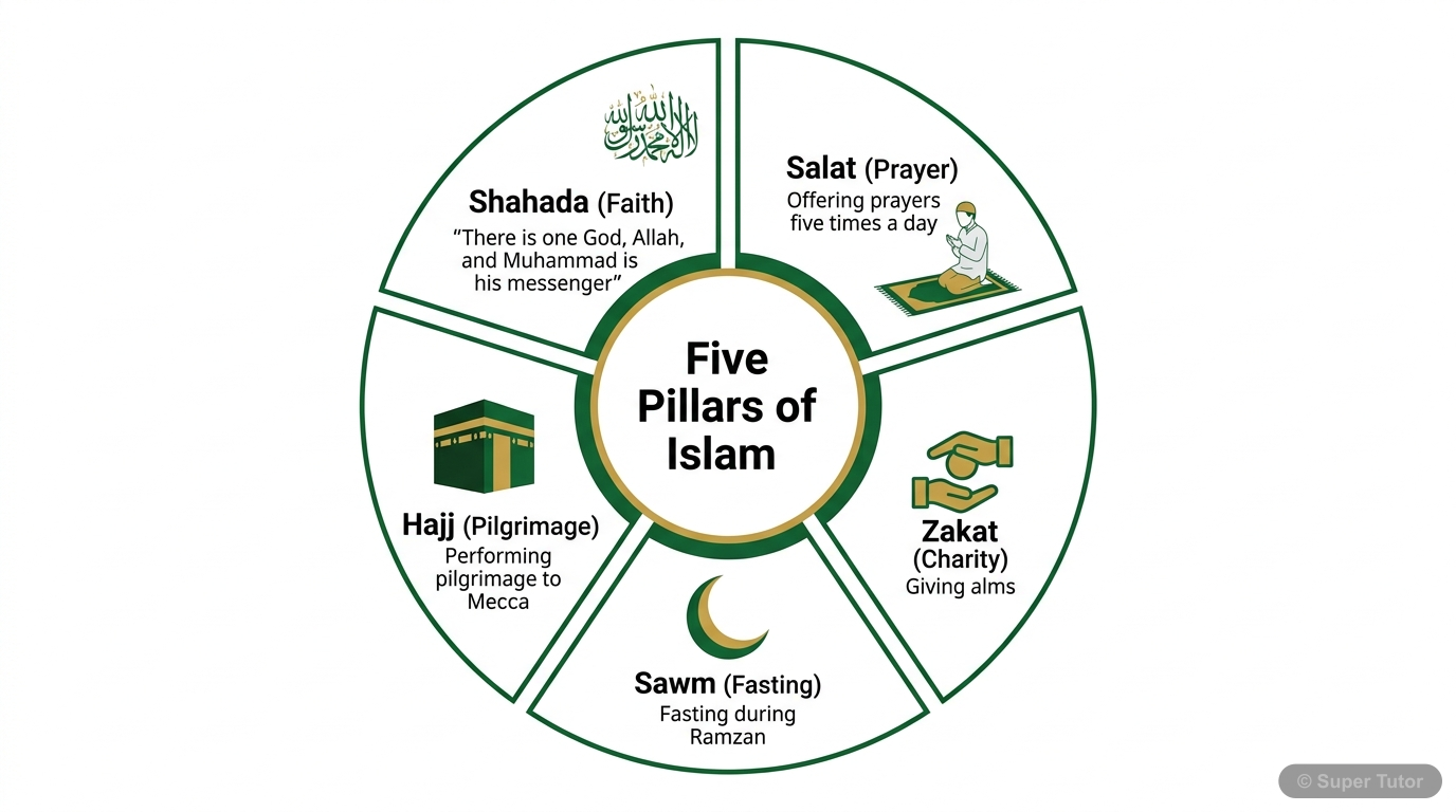 The Five Pillars of Islam A diagram illustrating the five fundamental practices (pillars) of Islam: Shahada (faith), Salat (prayer), Zakat (charity), Sawm (fasting), and Hajj (pilgrimage), with a brief explanation for each.