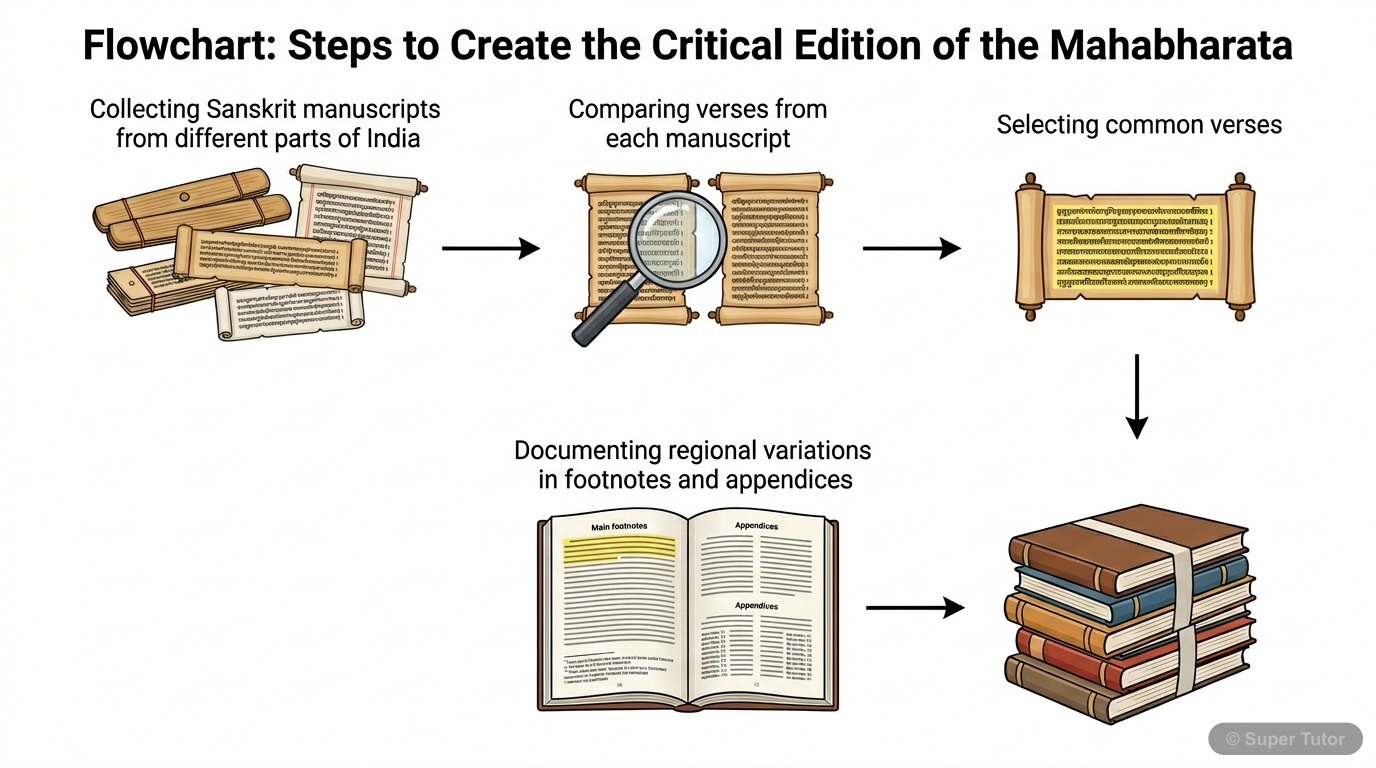 A flowchart illustrating the key steps involved in creating the Critical Edition of the Mahabharata, from collecting manuscripts to publishing the final volumes with variations.