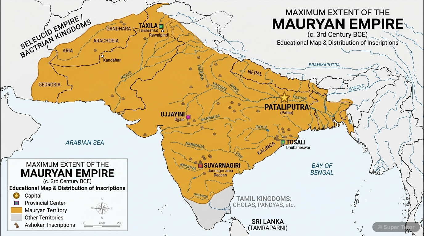 Mauryan Empire Extent and Major Centers A map showing the maximum extent of the Mauryan Empire under Ashoka, highlighting its capital Pataliputra and provincial centers (Taxila, Ujjayini, Tosali, Suvarnagiri), and the distribution of Ashoka