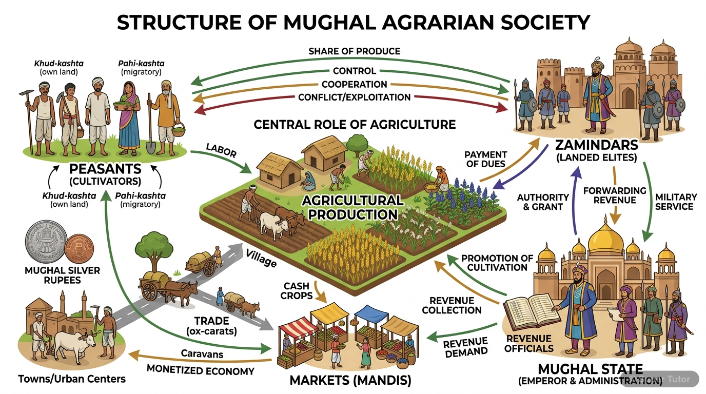 An infographic illustrating the key components and relationships within Mughal agrarian society, showing peasants, zamindars, and the state, along with external factors like trade and markets.