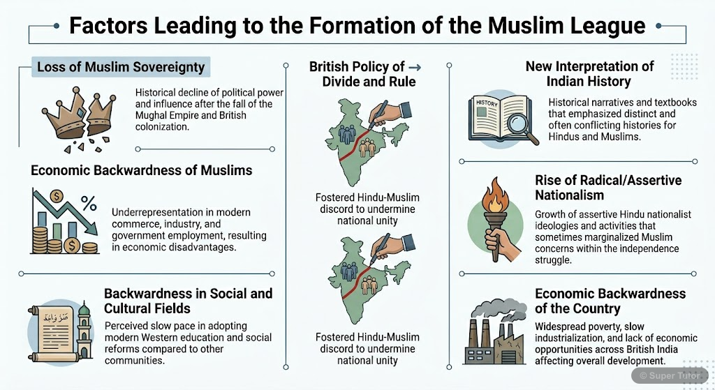 Factors Leading to the Formation of the Muslim League An infographic illustrating the various factors that contributed to the foundation of the Muslim League, categorized for clarity.