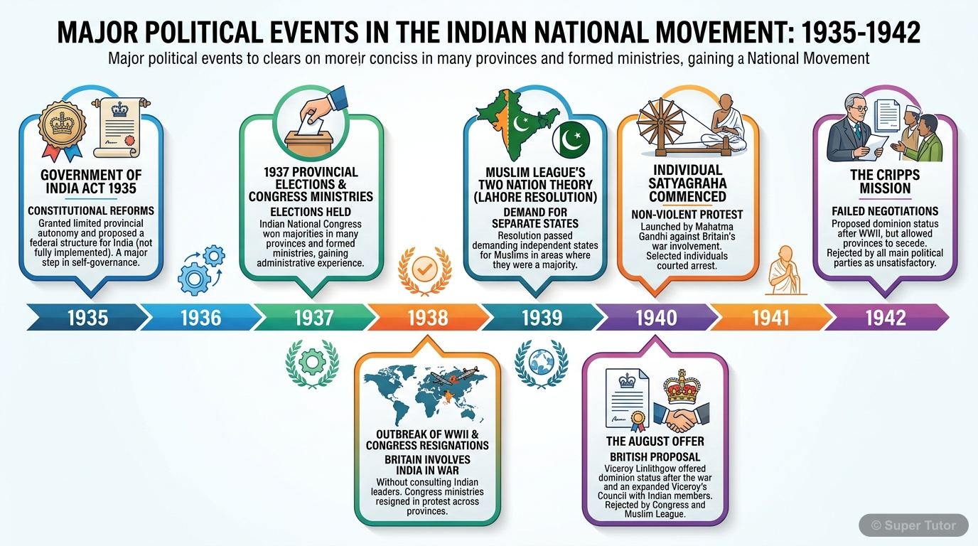 National Movement (1935-1942) Timeline A timeline showing key political developments in the Indian National Movement between 1935 and 1942, including the Government of India Act, 1935, provincial elections, Congress ministries, Muslim Leag
