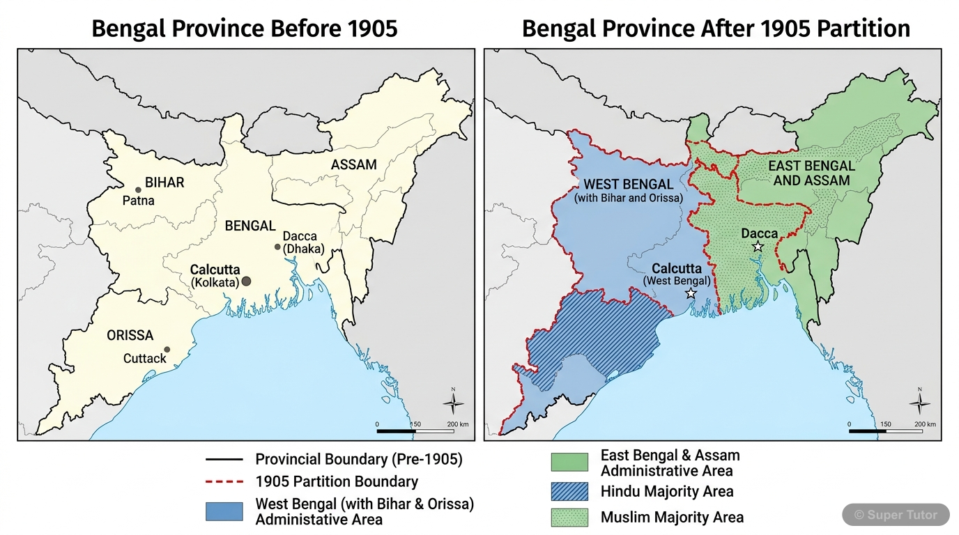 Partition of Bengal (1905) Map A historical map showing the pre-1905 Bengal Province and its division into two new provinces: East Bengal and Assam, and West Bengal (including Bihar and Orissa), highlighting the demographic composi