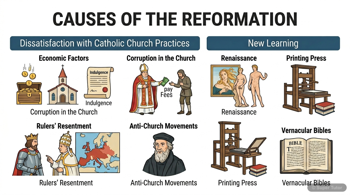 Causes of the Reformation An infographic detailing the main causes of the Protestant Reformation in Europe, categorized into dissatisfaction with Church practices (economic factors like tithes, Peter's Pence, indulgences, simo