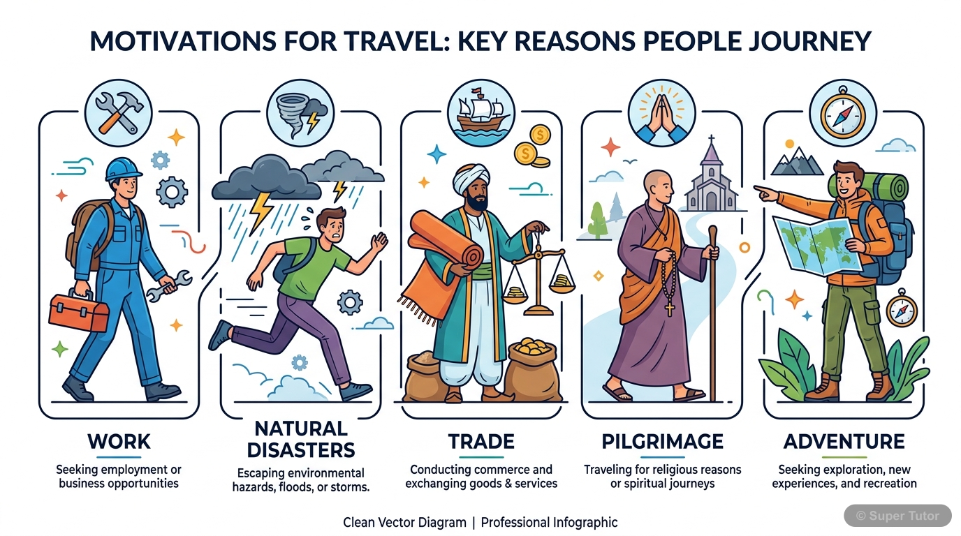 Motivations for Travel to India An infographic illustrating the diverse reasons why people traveled to India, including work, escape from disasters, trade, pilgrimage, and adventure, as mentioned in the chapter introduction.