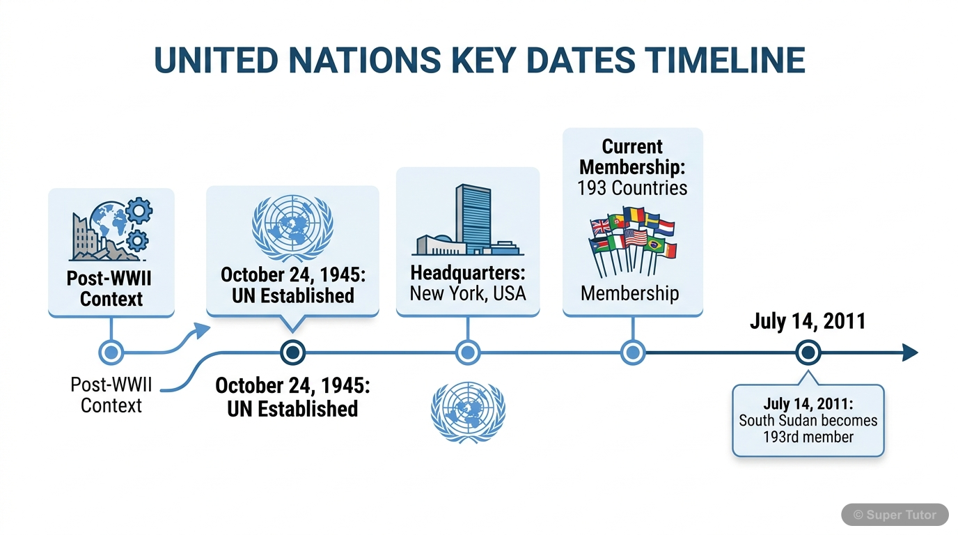 Formation and Key Milestones of the United Nations A timeline illustrating the key dates related to the formation of the United Nations, including its establishment date and the current number of member states.