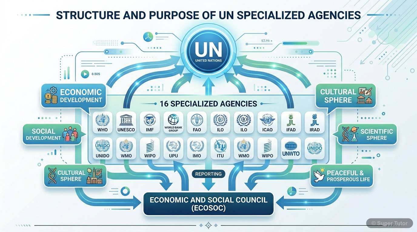 An infographic showing the purpose of UN specialized agencies, their reporting structure to ECOSOC, and listing the 16 agencies with their primary focus areas.