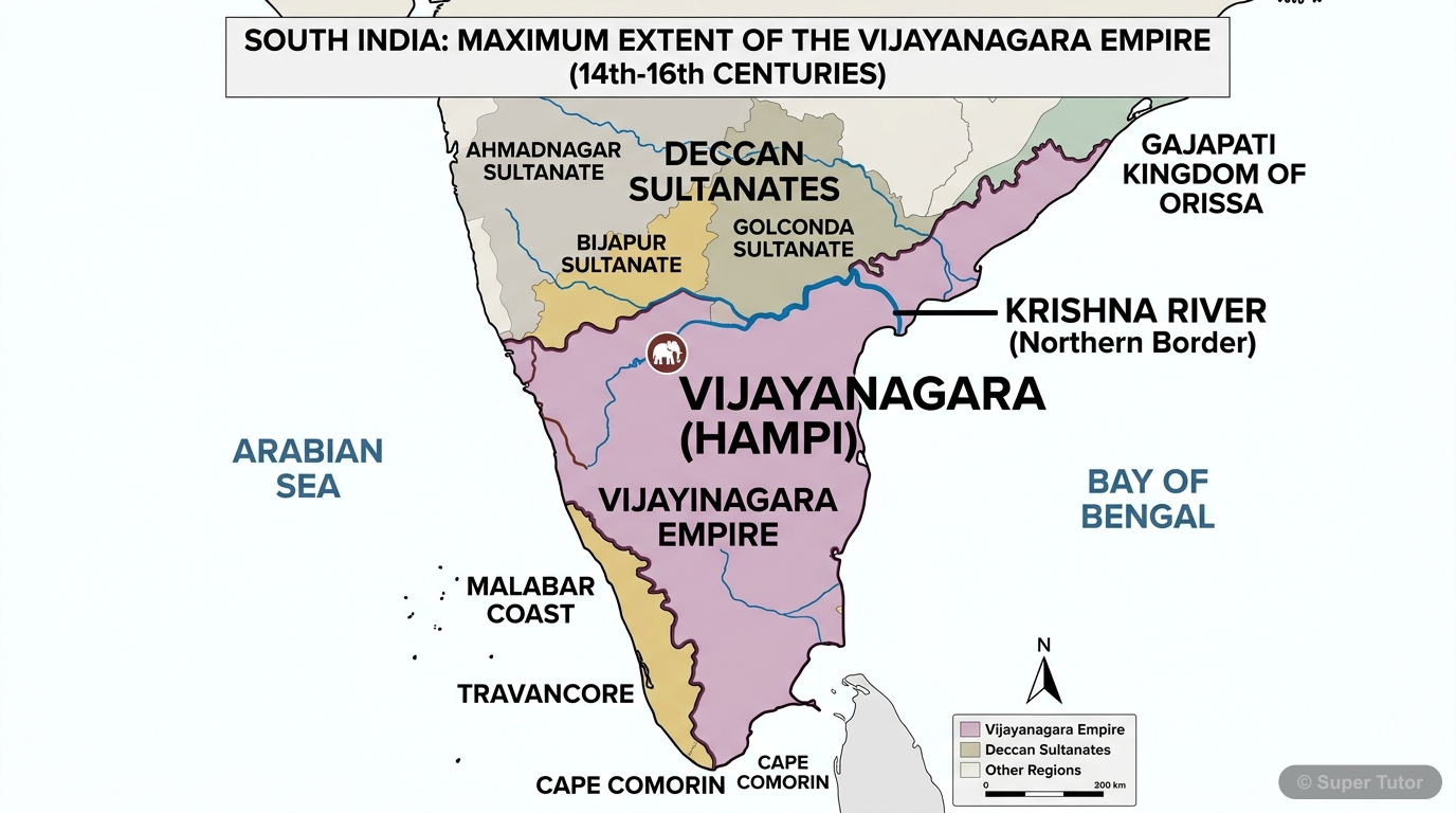 A map showing the maximum extent of the Vijayanagara Empire, highlighting its northern boundary along the Krishna River and stretching to the southern tip of the peninsula. It should also indicate the