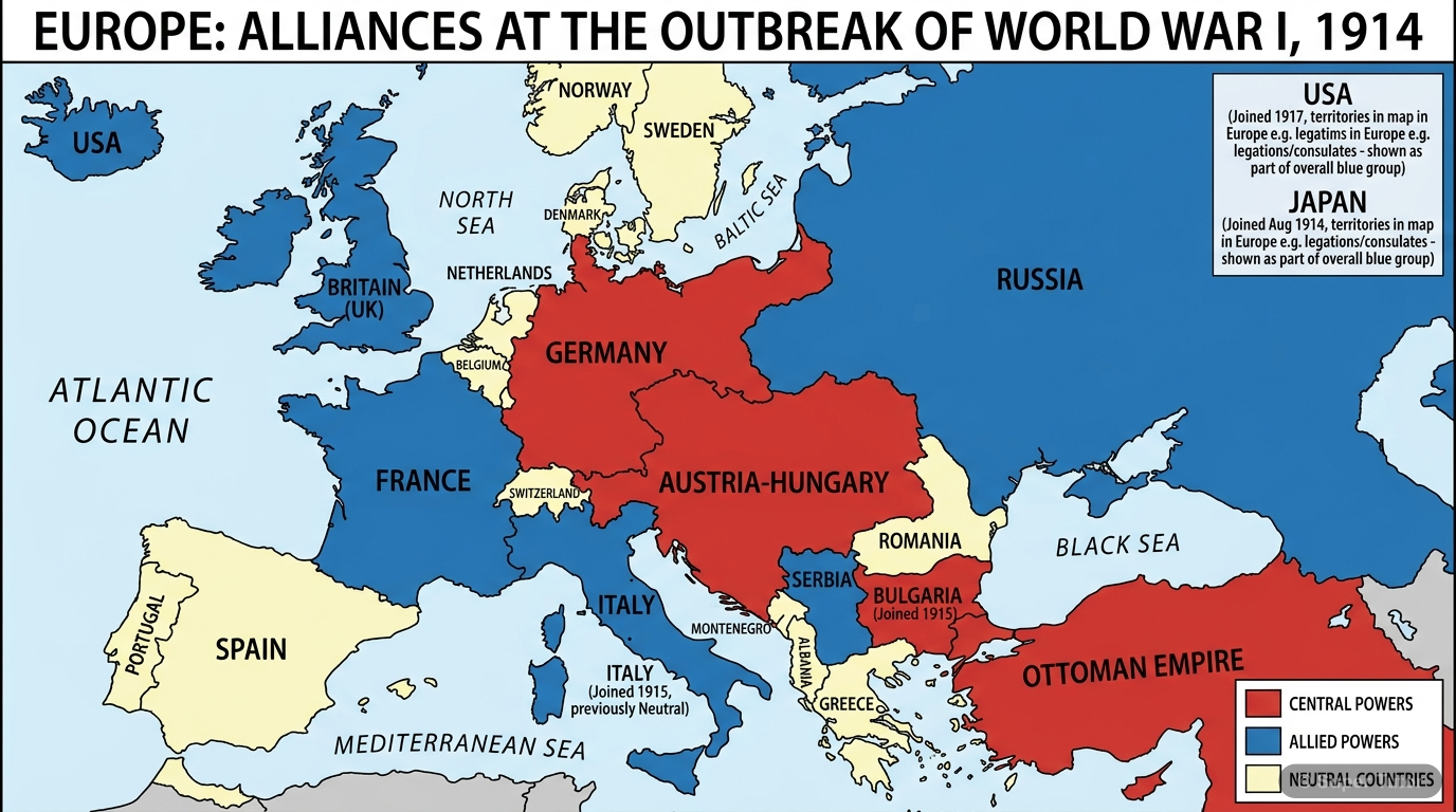 Europe Divided: WWI Alliances Map A political map of Europe in 1914, clearly showing the countries belonging to the Central Powers and the Allied Powers, highlighting the division of the continent into two hostile blocs.