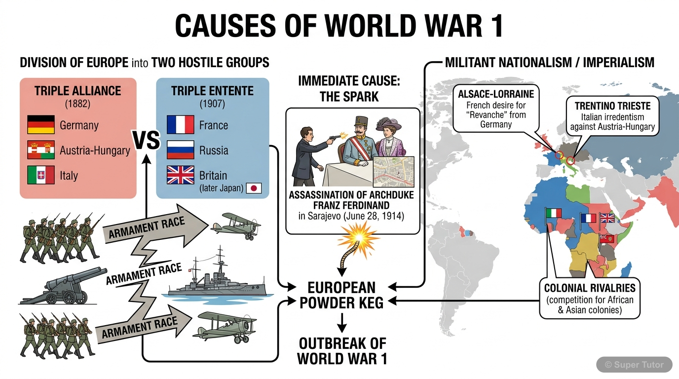 Causes of the First World War An infographic illustrating the main causes of the First World War, including the division of Europe into two hostile groups, the armament race, militant nationalism/imperialism, and the immediate cau