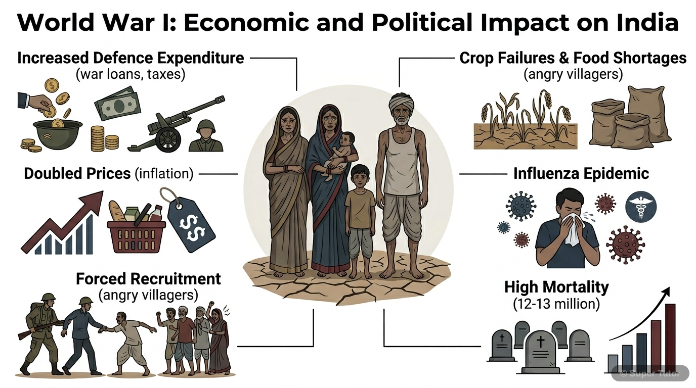 World War I: Economic and Political Impact on India An infographic detailing the significant economic and political changes and hardships experienced in India during and immediately after World War I, which contributed to the rise of nationalism.