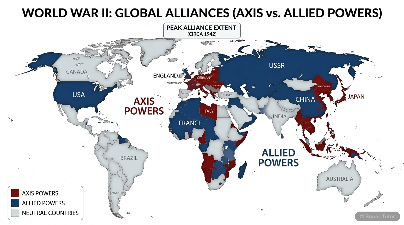 A political map of the world showing the major countries involved in World War II, clearly distinguishing between the Axis Powers and the Allied Powers with different colors, and indicating key neutra