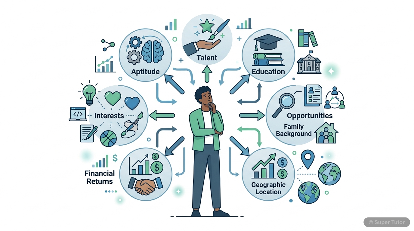 An infographic illustrating the various personal and external factors that influence an individual's career choice, such as aptitudes, talents, interests, education, opportunities, and family backgrou