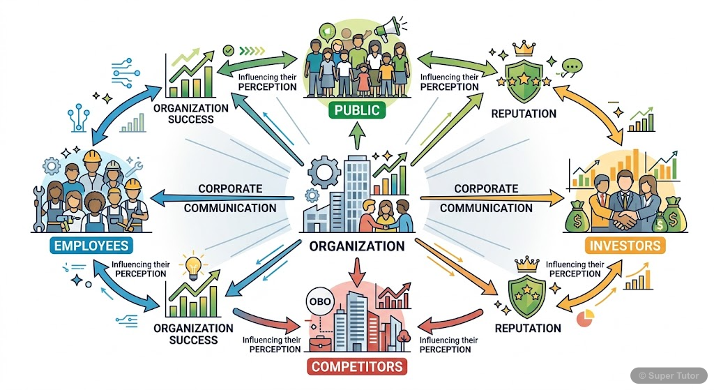 An infographic illustrating how corporate communication shapes the perception of various stakeholders (public, employees, investors, competitors) and its impact on an organization's success and reputa