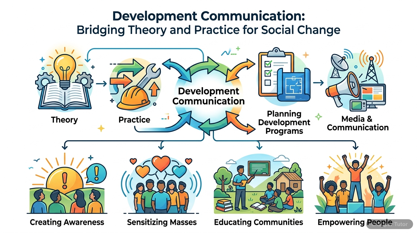 An infographic illustrating the core components and goals of Development Communication, showing how it integrates theory and practice to plan development programs, use media, and achieve social change