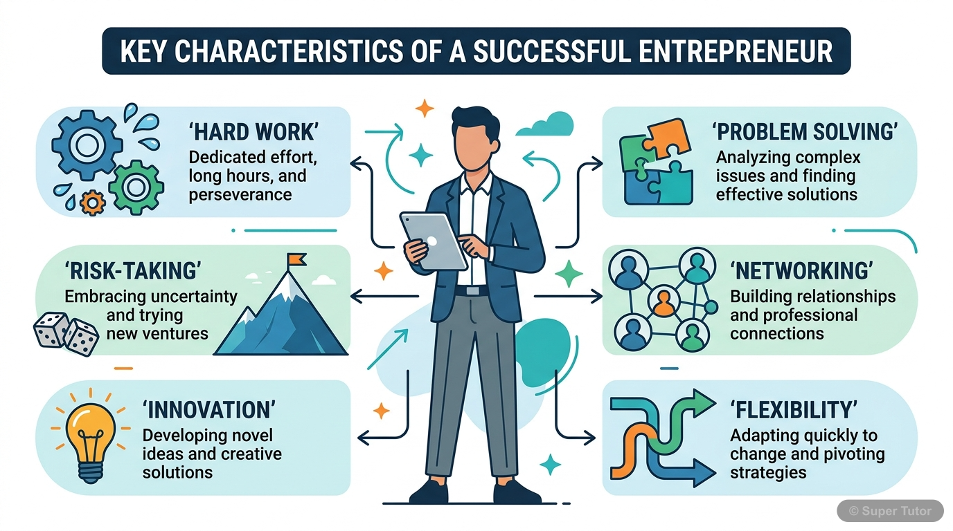 Characteristics of an Entrepreneur An infographic listing and illustrating the key personal attributes and skills required for successful entrepreneurship, such as willingness to work hard, risk-taking, innovation, problem-solving, and