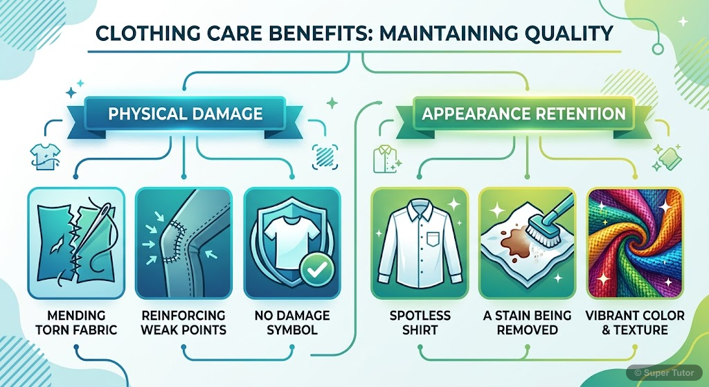 Aspects of Fabric Care and Maintenance An infographic illustrating the two main aspects of fabric care and maintenance: preventing and rectifying physical damage, and retaining/refreshing appearance (stain/dirt removal, textural/visual cha