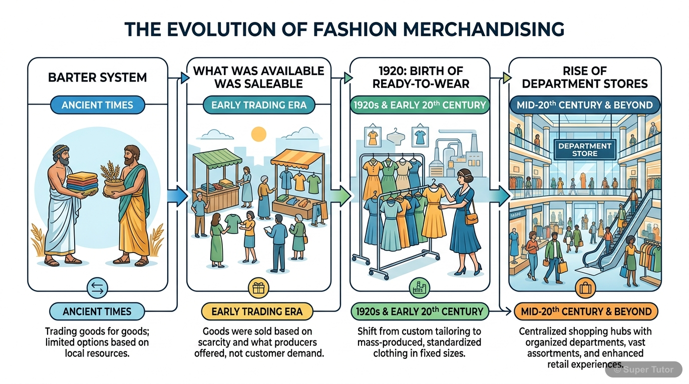 Evolution of Fashion Merchandising A timeline illustrating key historical milestones in the development of fashion merchandising, from barter to ready-to-wear and the rise of department stores.