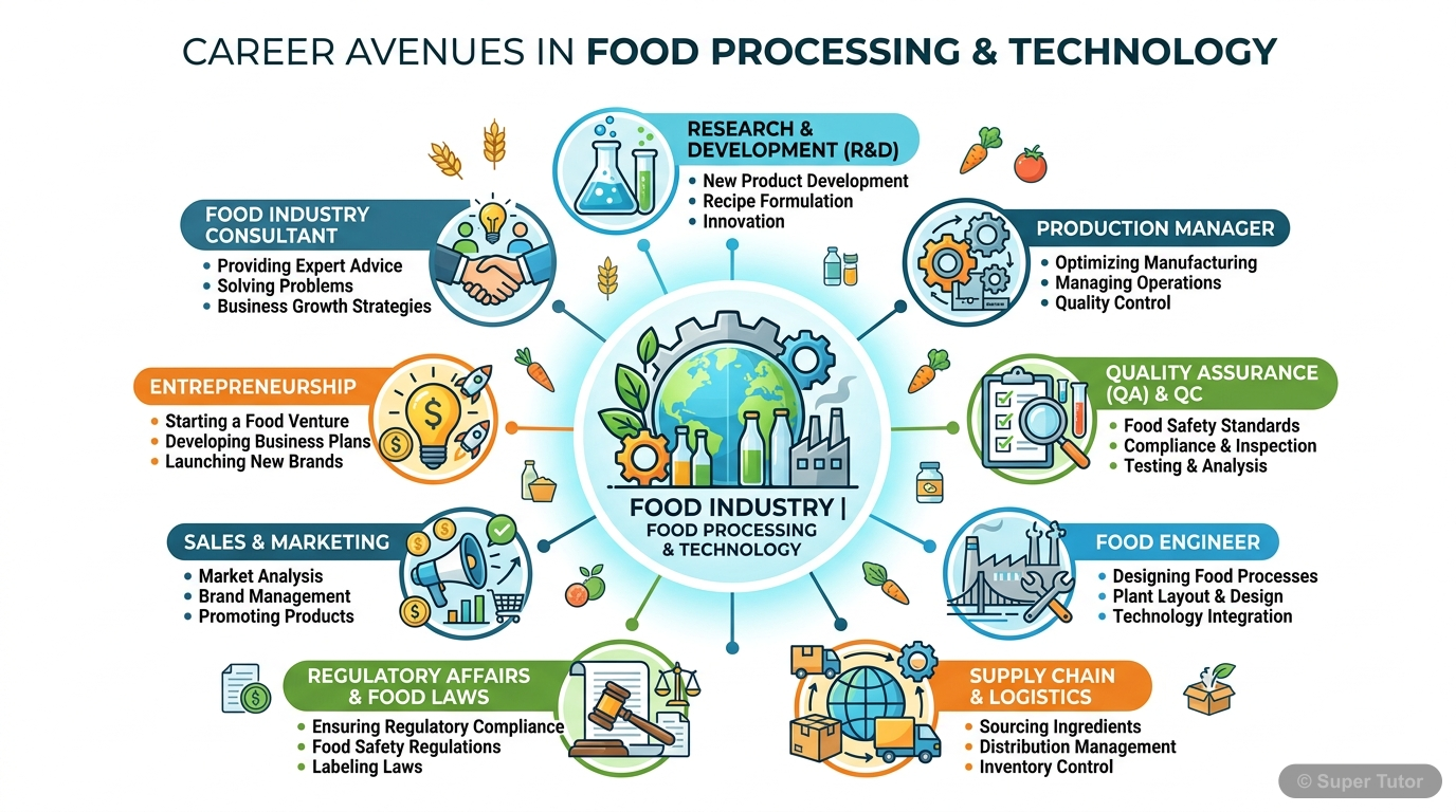 Career Avenues in Food Processing and Technology An infographic listing various career opportunities available in the food processing and technology industry, such as production managers, R&D, quality assurance, and entrepreneurship.